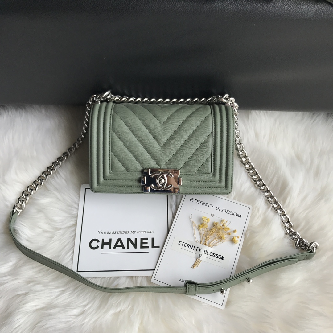 Caviar Small Boy Handbag Flap Bag A67085 Agate Green/Silver